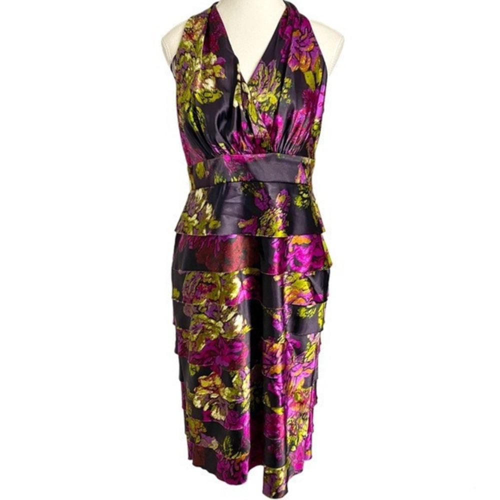 Evan Picone Black Satin Midi Dress with Fuchsia & Chartreuse Floral